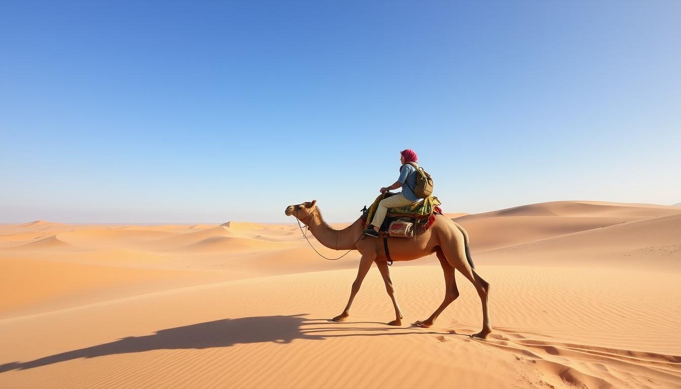 Camel caravan crossing golden Sahara dunes at sunset